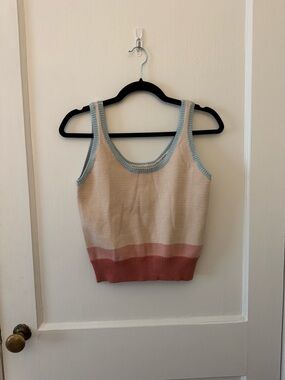 Sleeveless Colorblock Knit Tank Top - Cream with Pink and Blue Trim